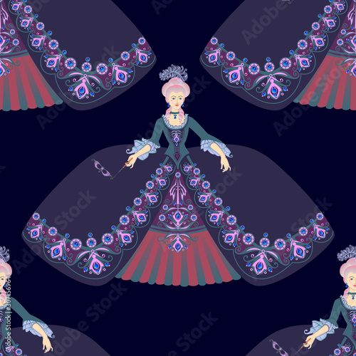 A woman in a dress stylized as clothing of the 18th century.  Seamless pattern. Vector graphics
