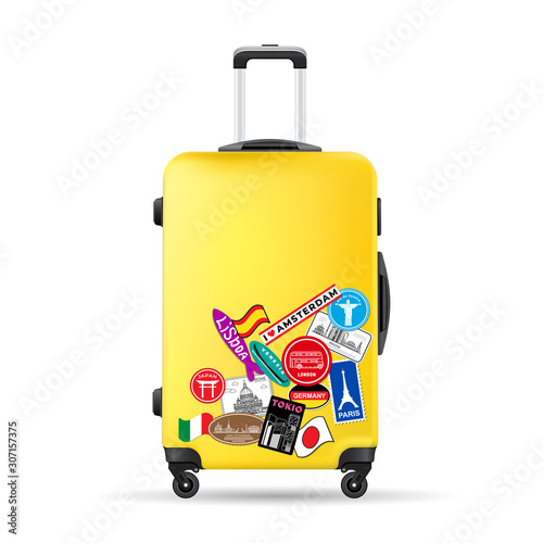 yellow travel plastic suitcase with wheels and stickers realistic hand Luggage