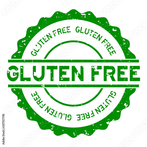 Grunge green gluten free word round rubber seal stamp on white background