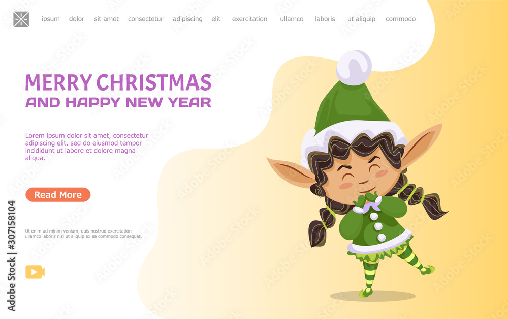 Obraz premium Merry Christmas and happy new year, cute female elf with closed eyes. Winter holidays celebration and greeting with wintry events. Website or webpage template, landing page, vector in flat style