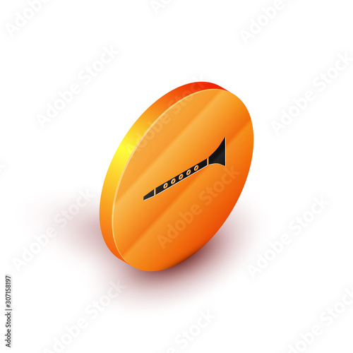 Isometric Clarinet icon isolated on white background. Musical instrument. Orange circle button. Vector Illustration