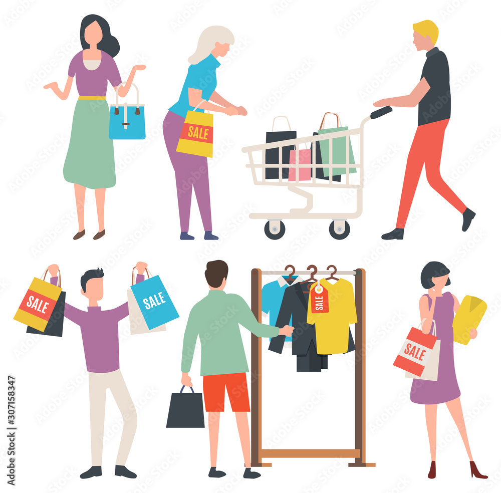 People buying clothes, man and woman with packages. Sale old collection, choosing model, suit and t-shirt on hanger, discount promotion, purchase vector People buying clothes, man and woman with packages. Sale old collection, choosing model, suit and t-shirt on hanger, discount promotion, purchase vector