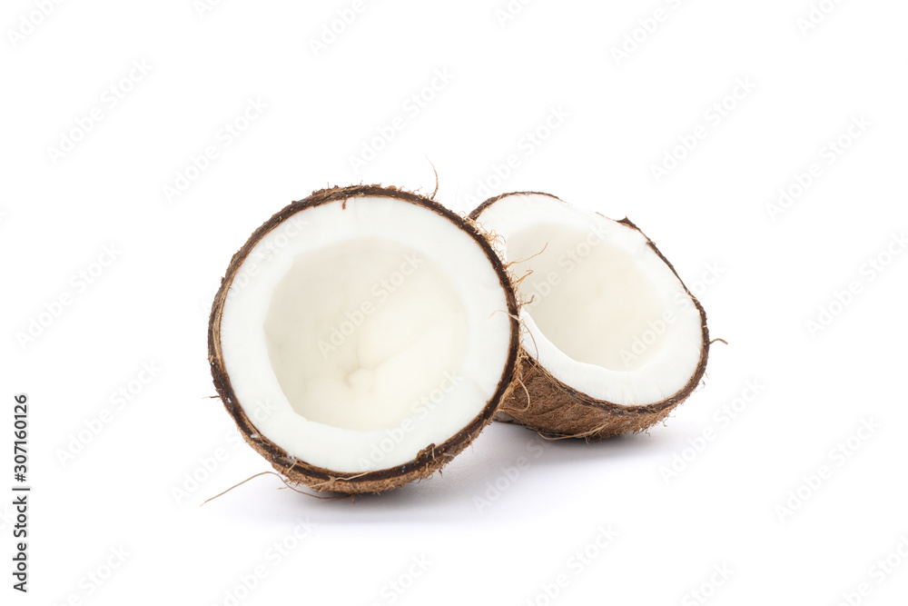 Coconut halves isolated on white background. Exotical fruit Coconut halves isolated on white background. Exotical fruit