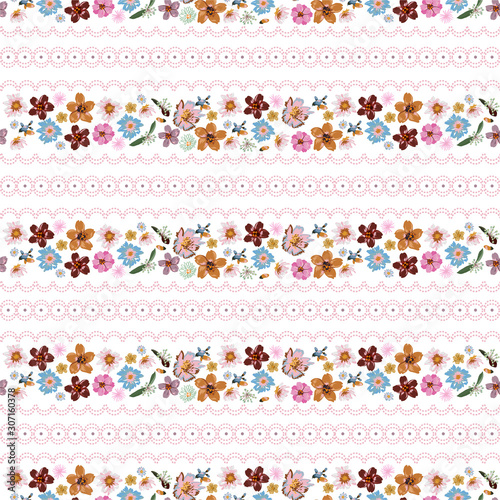 Sweet mood of Liberty small flowers with polka dots lace horizontal stripe seamless pattern ,meadow Floral background for textile, fabric, covers, wallpapers, and all prints on white