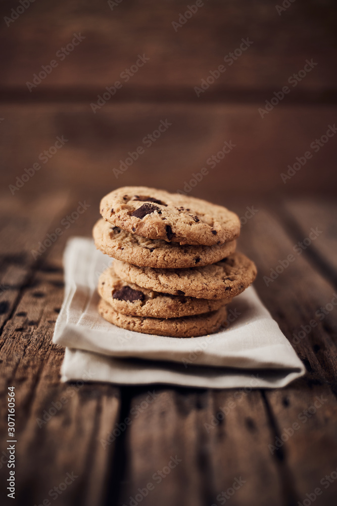 Fototapeta premium Chocolate chip cookies, Sweet biscuits, Concept for a tasty snack.
