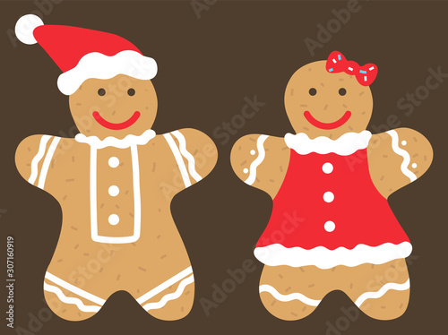 Xmas cookies baked for christmas celebration. Isolated male and female characters with smiling faces and funny costumes. Man wearing santa claus hat and woman with bow on head. Vector in flat