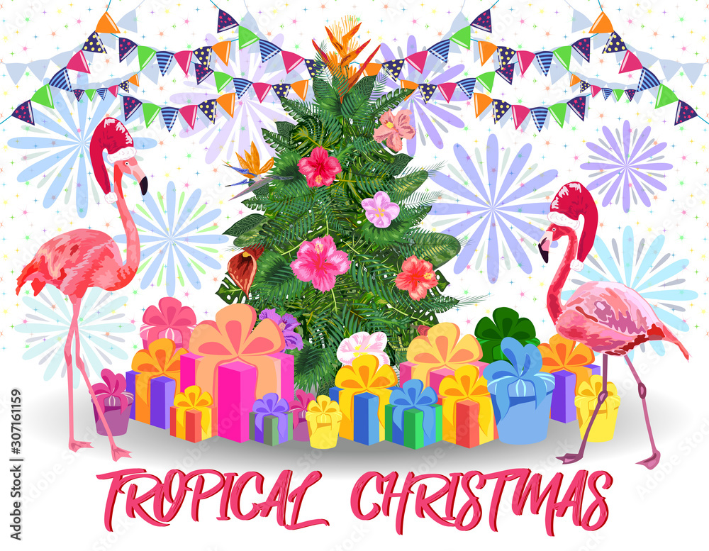 Christmas tree made of tropical monstera leaves, avocado, gifts under the tree and fireworks. New Year celebration concept, banner, postcard Christmas tree made of tropical monstera leaves, avocado, gifts under the tree and fireworks. New Year celebration concept, banner, postcard