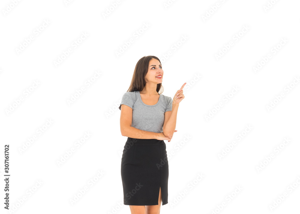 Women dressed in skirts and T-shirts Standing, smiling and pointing to the right Like a gesture of pointing something In a white background