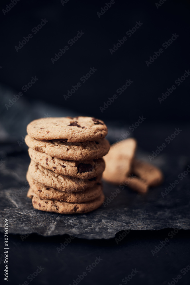 Chocolate chip cookies, Sweet biscuits, Concept for a tasty snack.