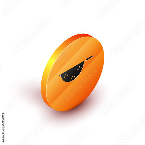 Isometric Kitchen colander icon isolated on white background. Cooking utensil. Cutlery sign. Orange circle button. Vector Illustration
