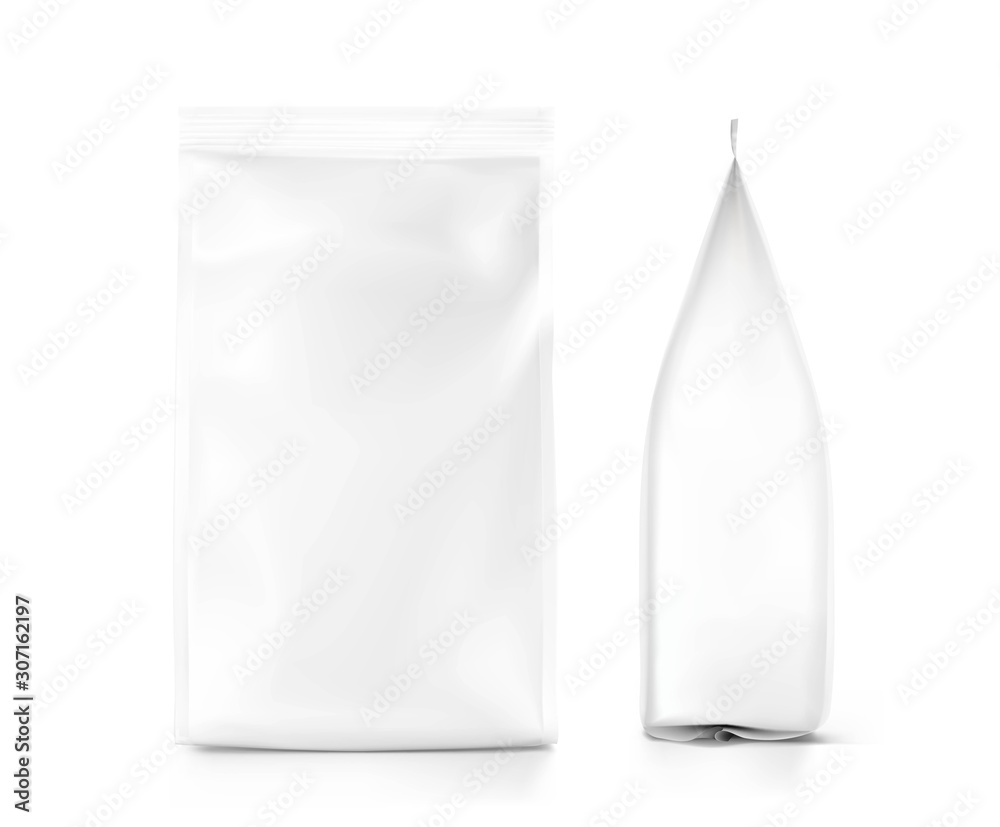 Realistic food bags on grey background. Side, front view. Vector illustration. Can be use for template your design, presentation, promo, ad. EPS 10. Realistic food bags on grey background. Side, front view. Vector illustration. Can be use for template your design, presentation, promo, ad. EPS 10.