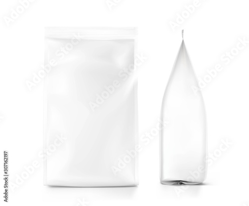 Realistic food bags on grey background. Side, front view. Vector illustration. Can be use for template your design, presentation, promo, ad. EPS 10.	