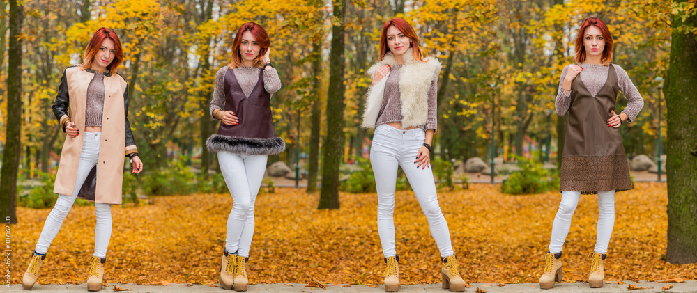 redhead woman posing in stylish winter and fall season street style fur and leather clothes at fall park background redhead woman posing in stylish winter and fall season street style fur and leather clothes at fall park background
