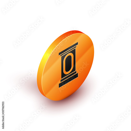 Isometric Stage stand or debate podium rostrum icon isolated on white background. Conference speech tribune. Orange circle button. Vector Illustration