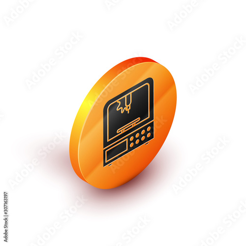 Isometric 3D printer icon isolated on white background. Orange circle button. Vector Illustration
