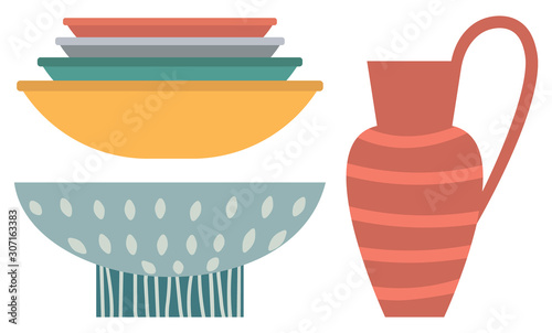 Set of striped vase isolated on white. Crockery decorative jar with waves ornament, color pot in flat style design, ceramic flowerpot. Handmade items from clay. Vase for flowers. Vector illustration