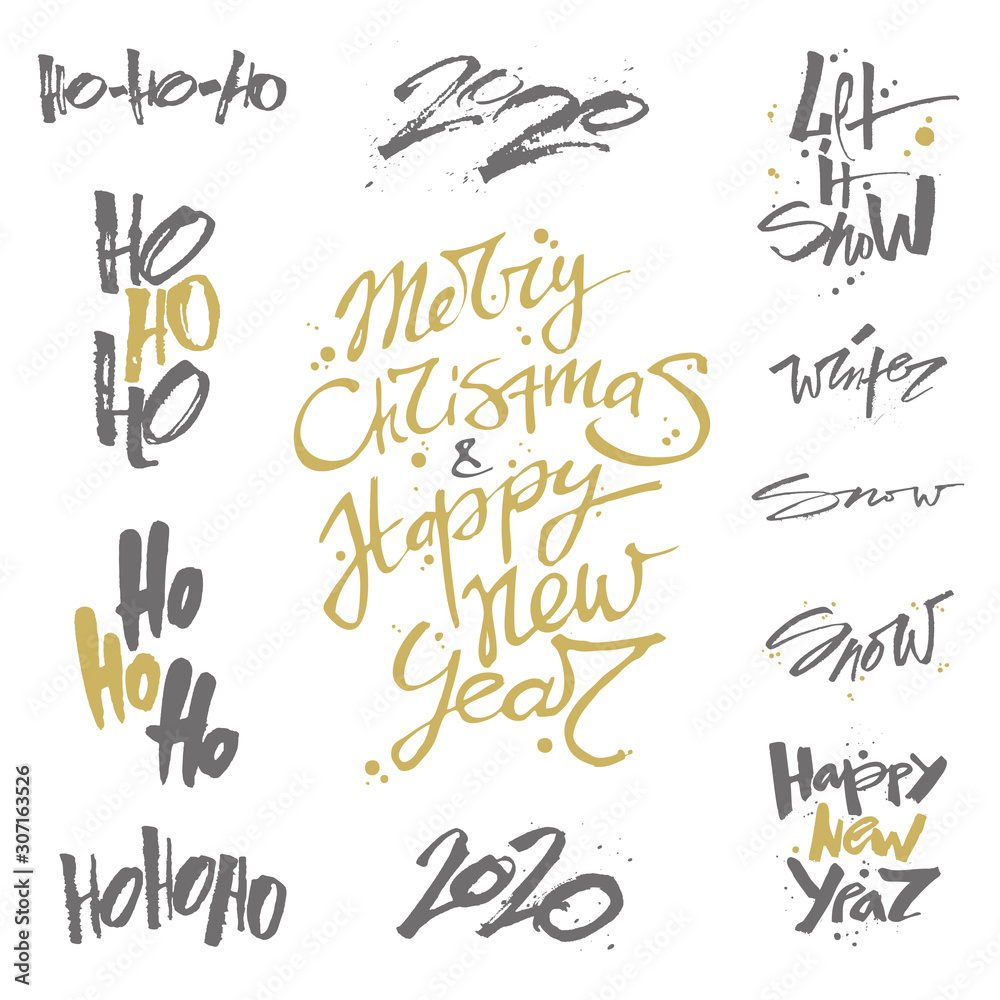 Merry Christmas and Happy New Year lettering 2020 snow ho ho ho calligraphy greeting card vector Merry Christmas and Happy New Year lettering 2020 snow ho ho ho calligraphy greeting card vector