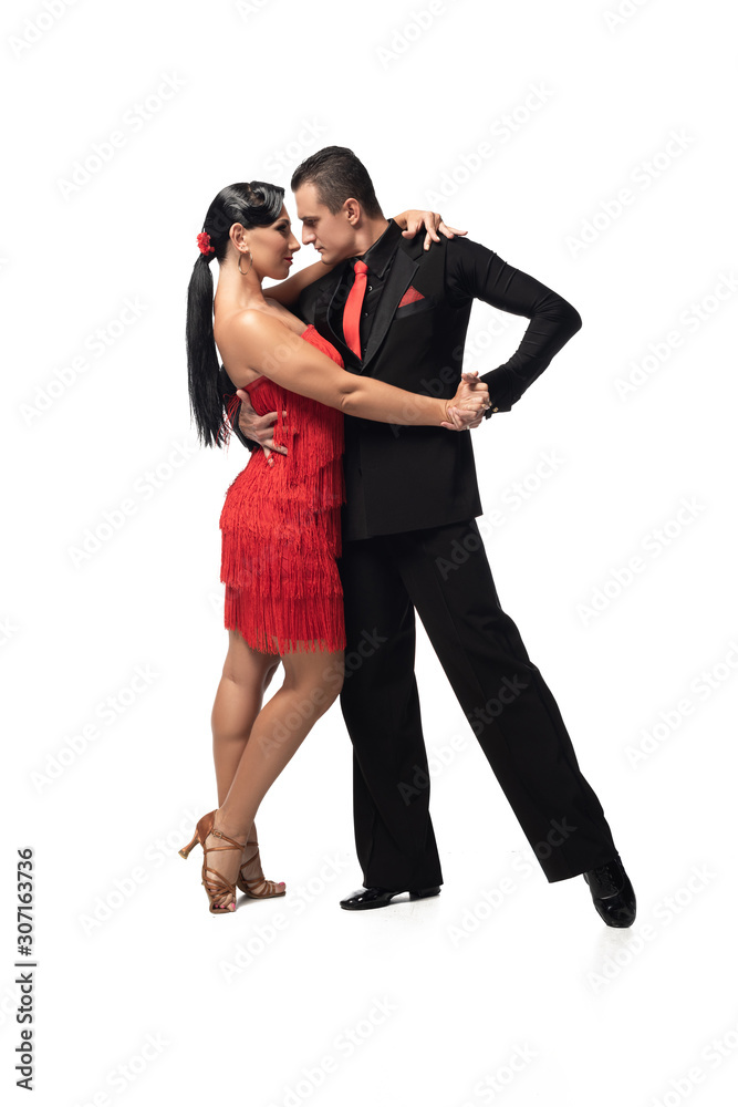 expressive couple of dancers performing tango on white background expressive couple of dancers performing tango on white background