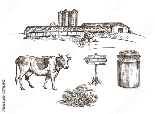 A farm with cowsheds and a grain elevator, a cow, a milk can, a wooden sign, a bouquet of flowers.