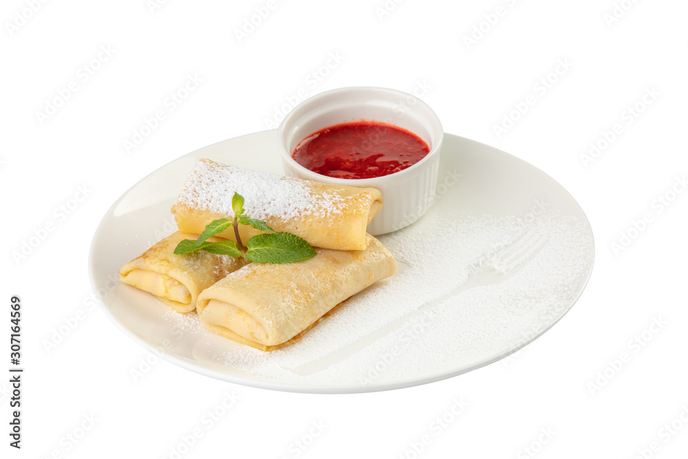 Pancake with jam and sprig of mint. Pancake with jam and sprig of mint.