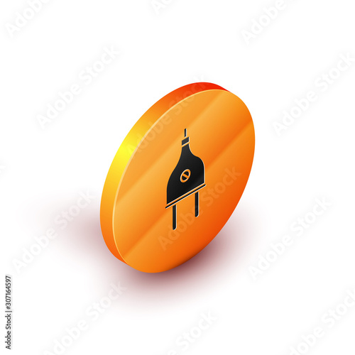 Isometric Electric plug icon isolated on white background. Concept of connection and disconnection of the electricity. Orange circle button. Vector Illustration
