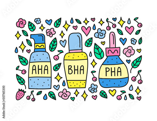 Doodle aha, bha, pha in cosmetic bottles and decorative elements around isolated on white background. photo