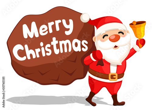 Santa Claus is carrying a bag full of gifts and ringing a bell on a white. Christmas character