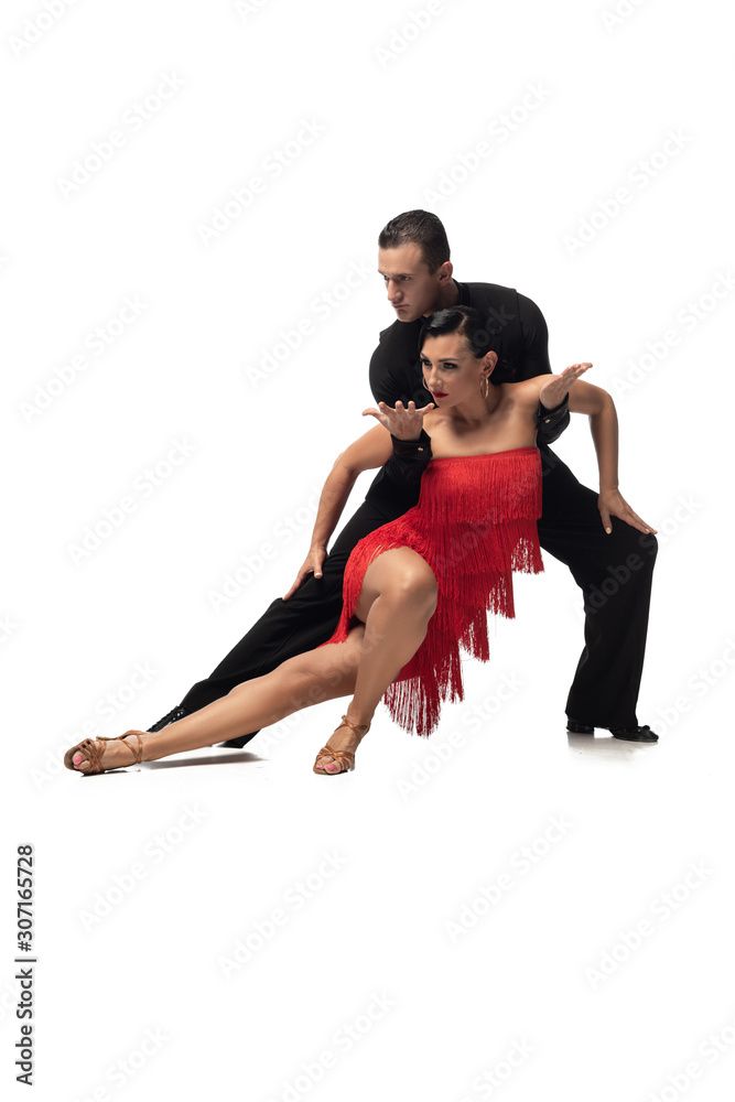 passionate, elegant couple of dancers performing tango on white background