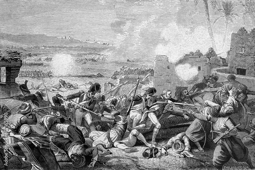 Battle of Sediman, Sidmentel-Djebel, near El Cairo. 7th October 1798. French victory. Antique illustration. 1890.
