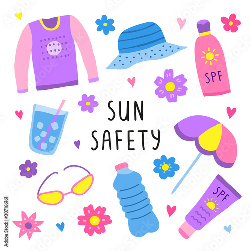 Set of colorful doodle sun safety icons isolated on white background.