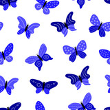 Seamless pattern with blue decorative doodle butterflies and geometric design on wings.