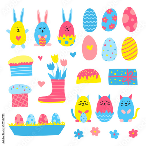 Set of cute doodle colorful Easter icons isolated on white background.