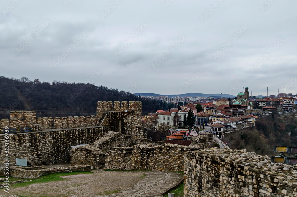 Springtime panorama of a ruins of Tsarevets, medieval stronghold located on a hill with the same name in Veliko Tarnovo, Bulgaria, Europe 