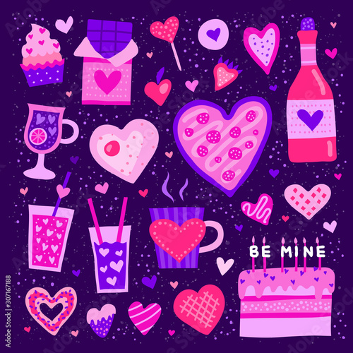 Set of colorful doodle heart shaped and cute food icons isolated on purple background. Perfect for Valentine's day design.