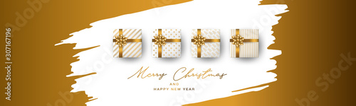 Christmas banner or header background. Xmas celebration white and golden luxury design with presents. Winter holiday concept. Realistic gift boxes with gold ribbon and bow. Vector illustration.