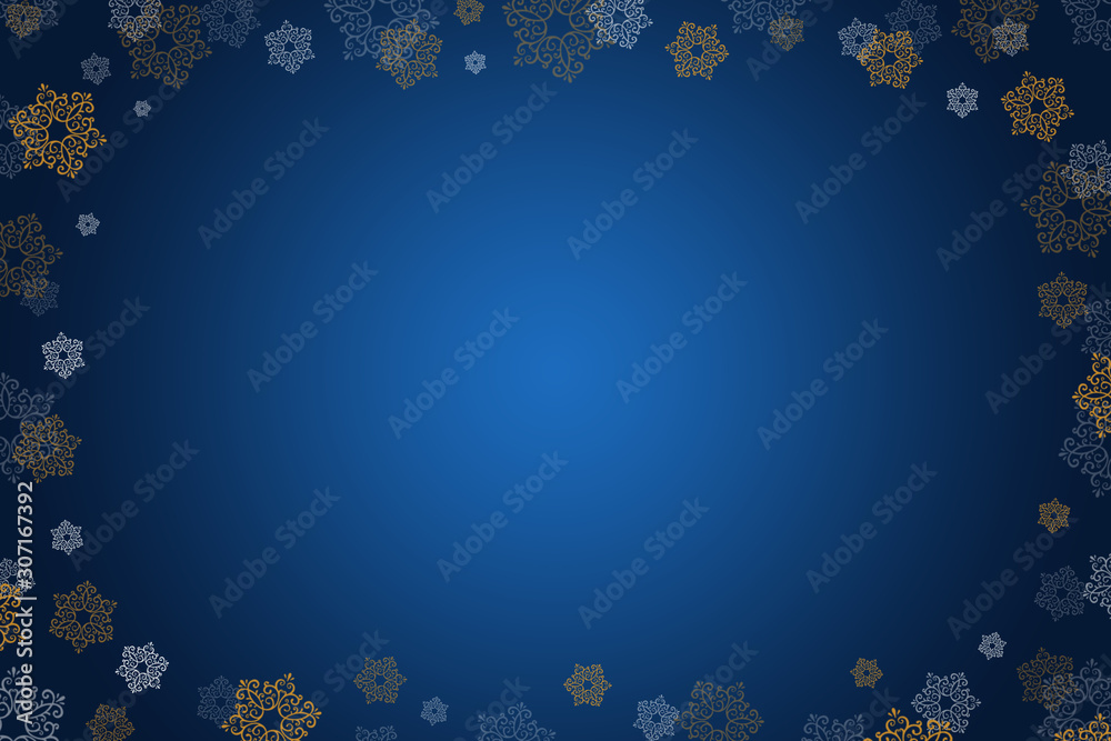 Christmas gradient Background With Frame Of golden, white Snowflakes. Decorative Frame of snowflakes on the blue background. Christmas gradient Background With Frame Of golden, white Snowflakes. Decorative Frame of snowflakes on the blue background.