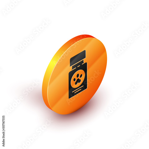 Isometric Dog medicine bottle and pills icon isolated on white background. Container with pills. Prescription medicine for animal. Orange circle button. Vector Illustration