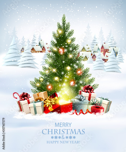 Merry Christmas and New Year holiday background with presents, christmas tree and and winter village. Vector.