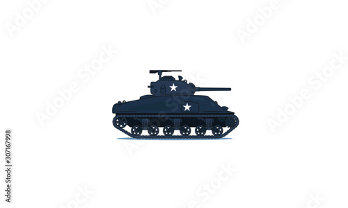 Sherman Tank vector illustration. Flat linear blue tank isolated on white. Army, military forces, world war, military service concept.