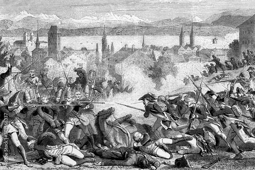 Battle of Zurich, 4h-7th of JUly 1799. Antique illustration. 1890.
