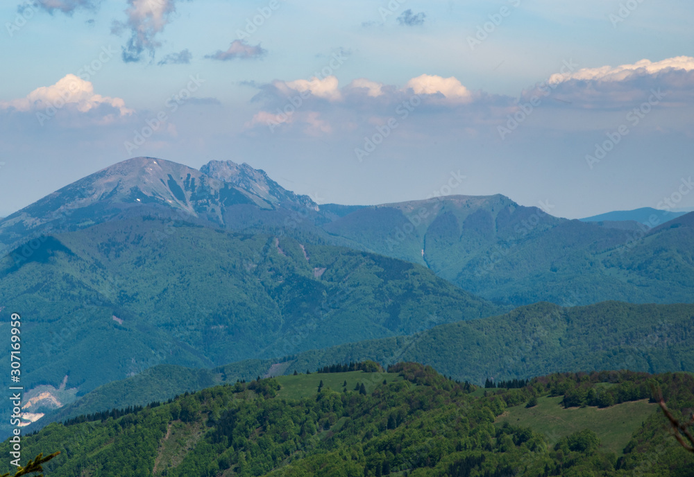 Krivanska Mala Fatra mountain range with Velky Rozsutec hill from Klak hill in Velka Fatra mountains in Slovakia