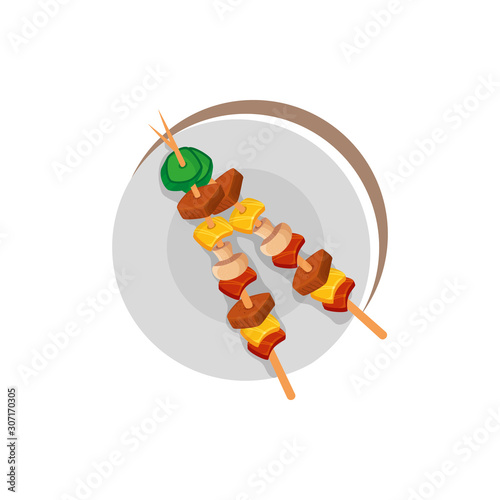 brochette of meat and vegetables in dish vector illustration design