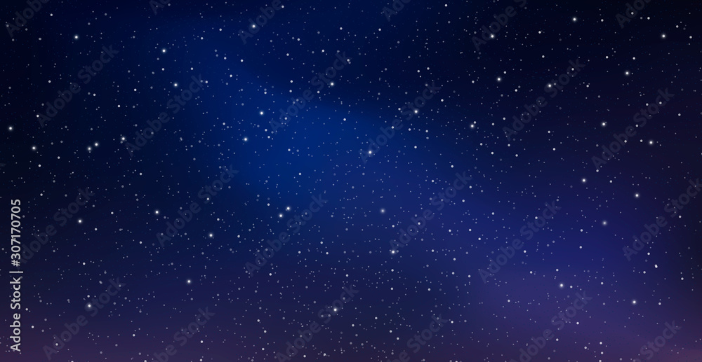 Fototapeta Gwiaździste niebo w nocy, lśniąca błękitna przestrzeń. Abstrakcjonistyczny tło z gwiazdami, kosmos. Ilustracja wektorowa na baner, broszura, projektowanie stron internetowych