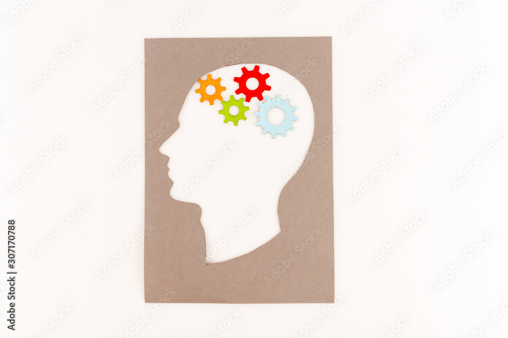 top view of human head silhouette with gears isolated on white top view of human head silhouette with gears isolated on white