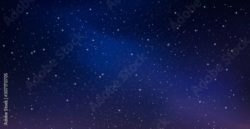 Night starry sky, blue shining space. Abstract background with stars, cosmos. Vector illustration for banner, brochure, web design