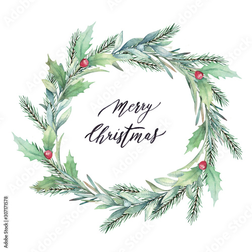 Christmas isolated wreath with fir, mistletoe, rosemary and holly branches on...