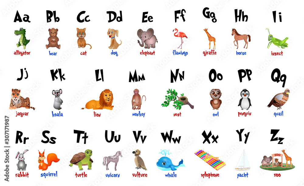 Cute cartoon animals alphabet for children education. Vector illustrations  Stock Vector | Adobe Stock