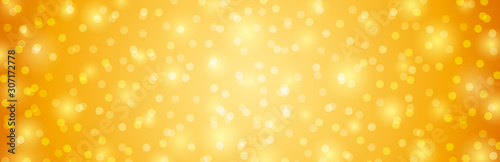 Golden background with circles bokeh.  Merry Christmas and Happy New Year greeting banner. Horizontal holiday background, headers, posters, cards, website.Vector illustration
