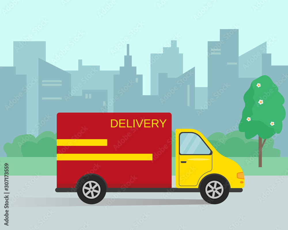 Delivery van in city. Vector illustration.