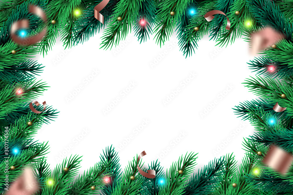 Merry Christmas Wreath frame background. Background with realistic pine branches, confetti, golden balls. Vector holiday illustration for post card, banner Merry Christmas Wreath frame background. Background with realistic pine branches, confetti, golden balls. Vector holiday illustration for post card, banner